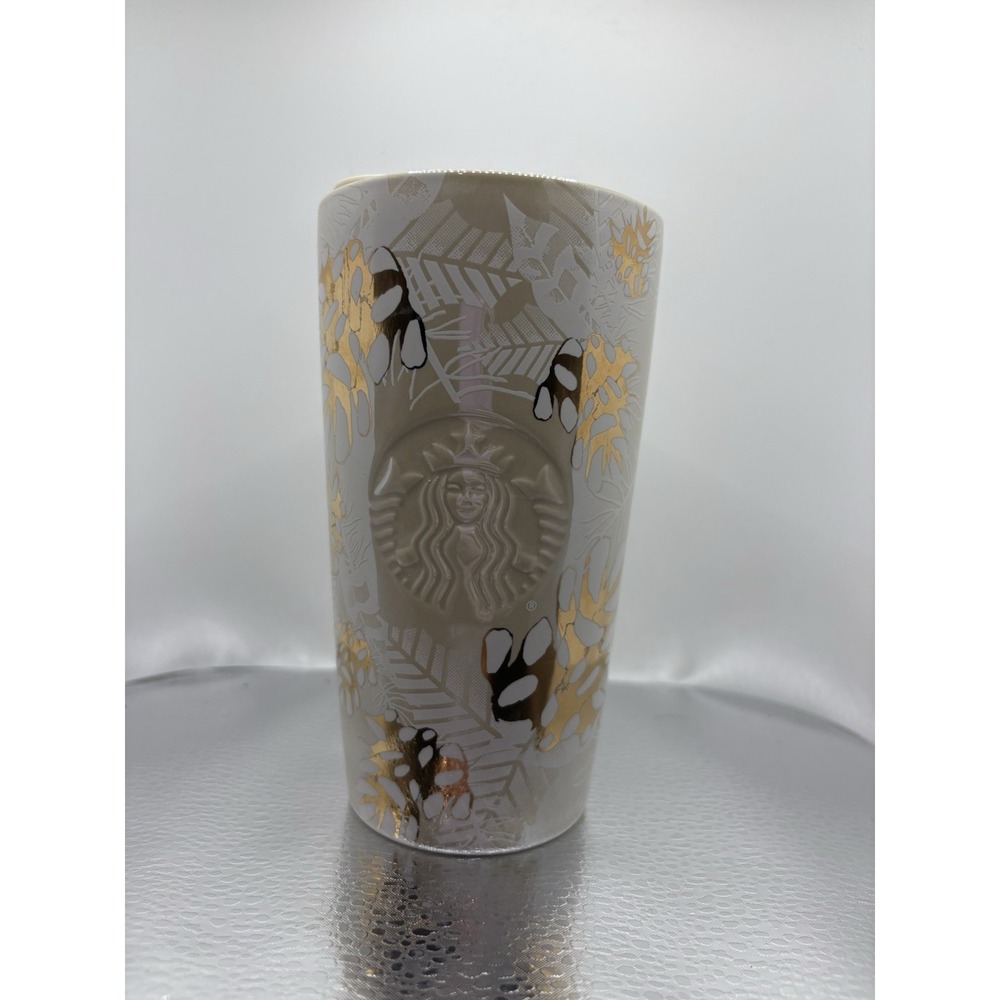STARBUCKS Winter Holiday Ceramic Gold Pinecones Tumbler Mug with Lid 12oz EUC